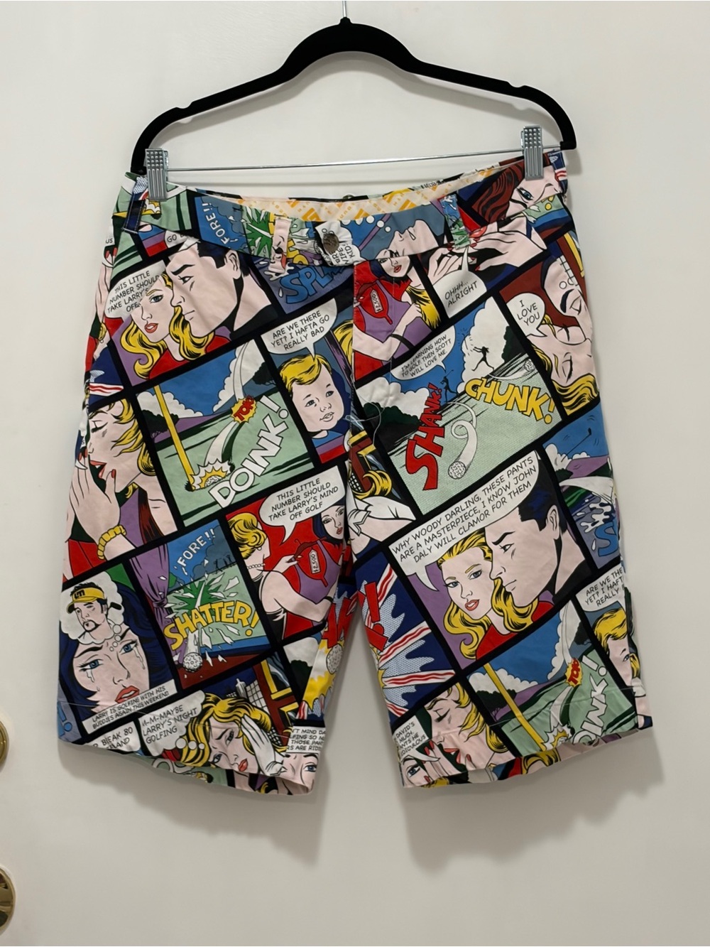 Loudmouth Comic-Strip Print Men's Shorts - Red, Blue, Yellow, Black. Size 34